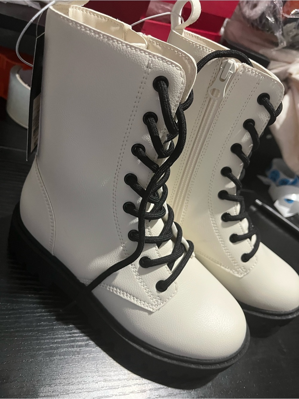 art class White Kids Lace-Up Combat Boots with Black Laces